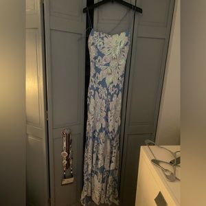 11/12 blue iridescent long body con dress open back